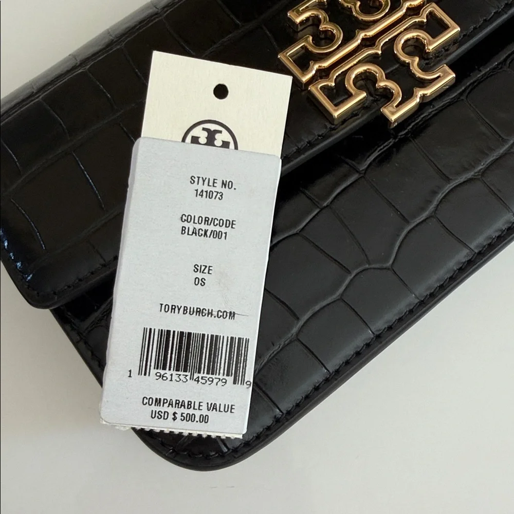 NWT Tory Burch Britten embossed chain wallet w wristlet crossbody Bag black $500